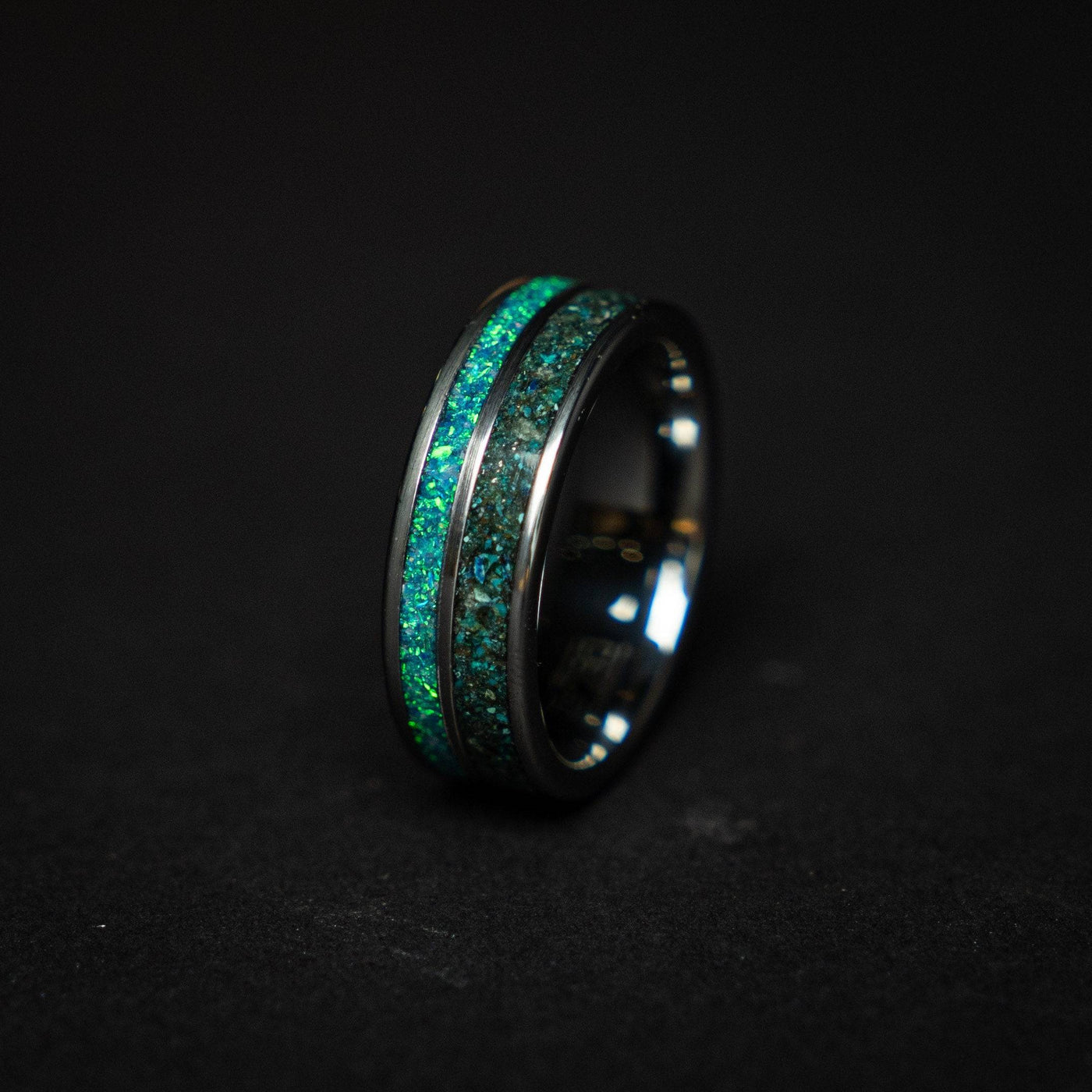 Tungsten ring filled with Quantum Quatro and opal
