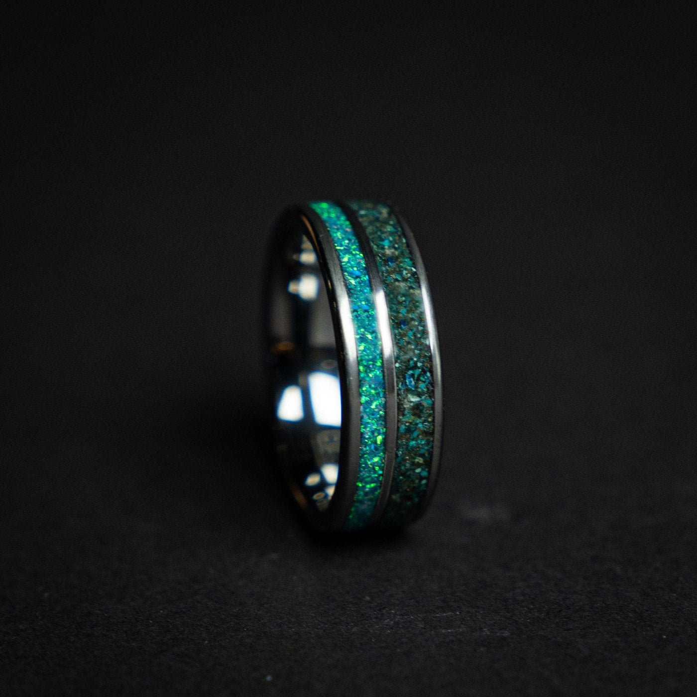 Tungsten ring filled with Quantum Quatro and opal