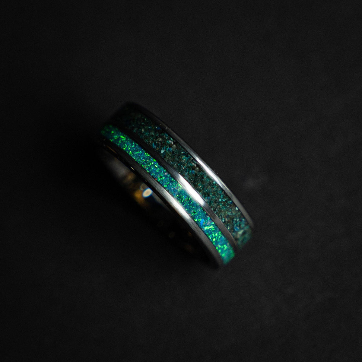 Tungsten ring filled with Quantum Quatro and opal