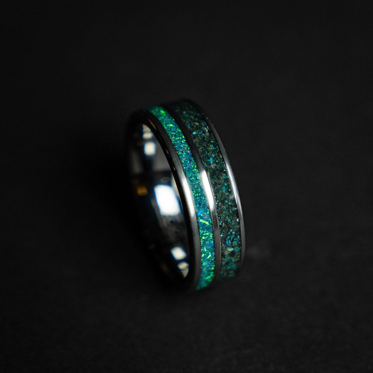 Tungsten ring filled with Quantum Quatro and opal
