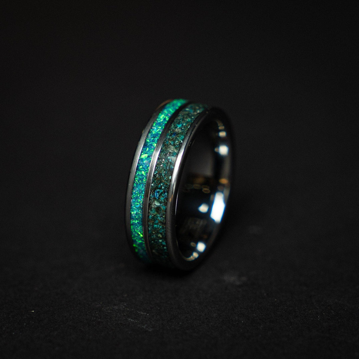 Tungsten ring filled with Quantum Quatro and opal