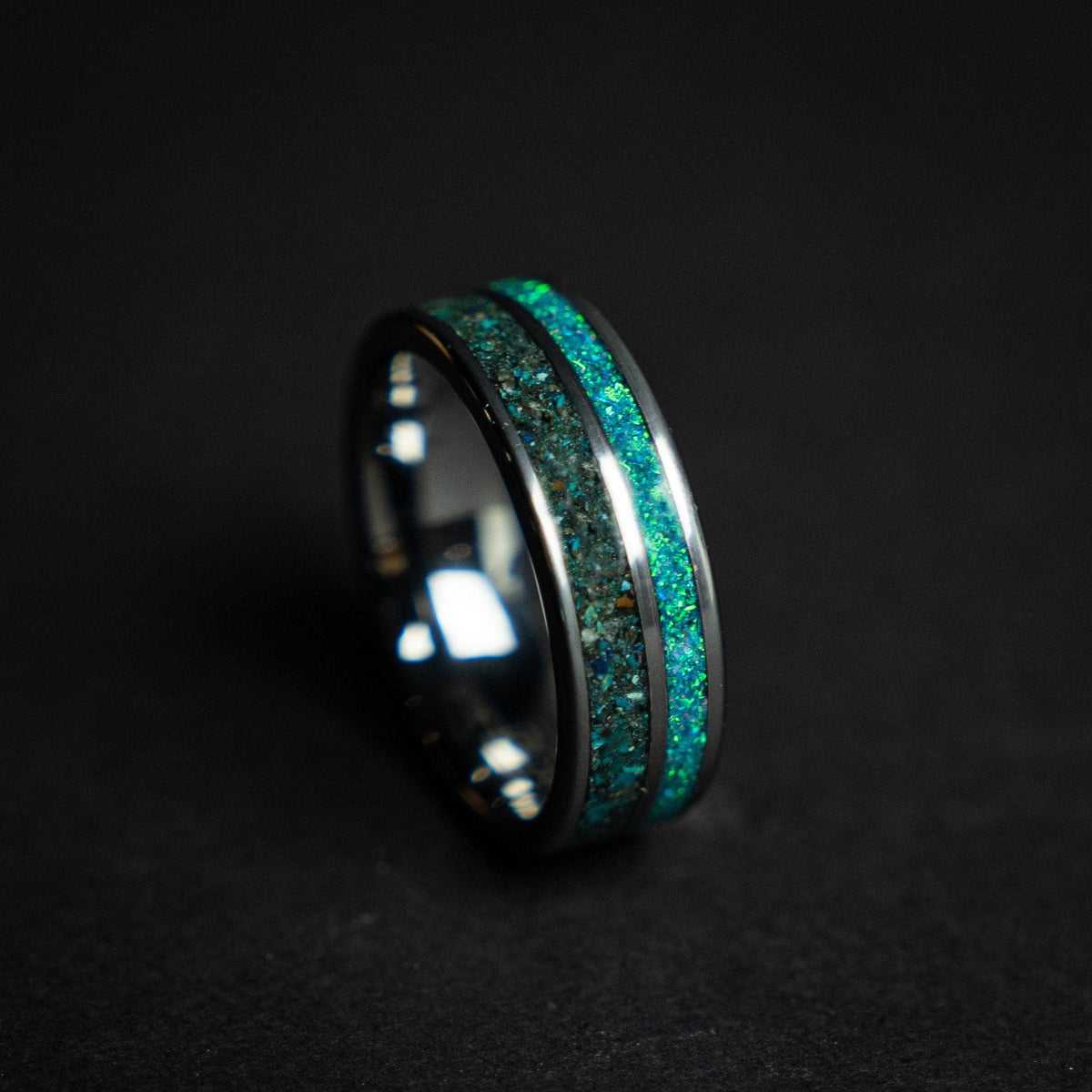 Tungsten ring filled with Quantum Quatro and opal