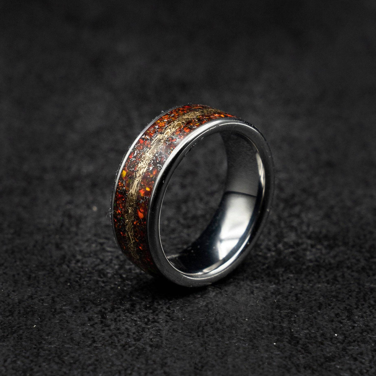 Tungsten ring filled with red opal and mokume gane | Decazi