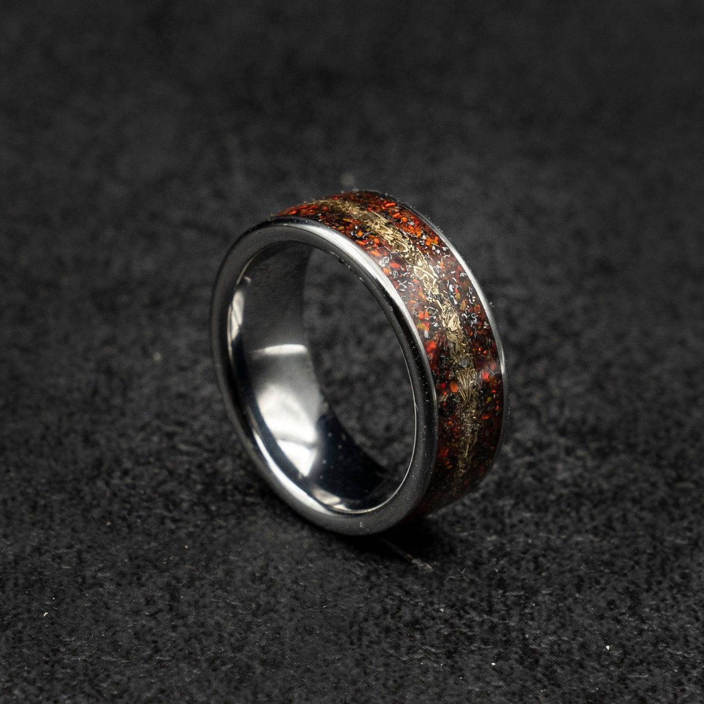 Tungsten ring filled with red opal and mokume gane | Decazi