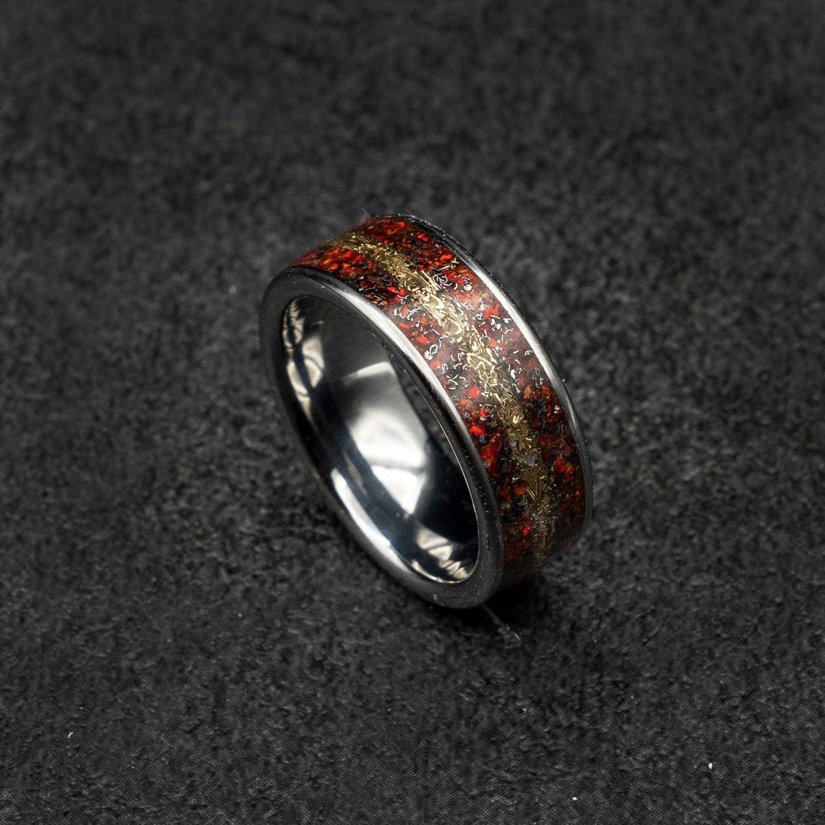 Tungsten ring filled with red opal and mokume gane | Decazi