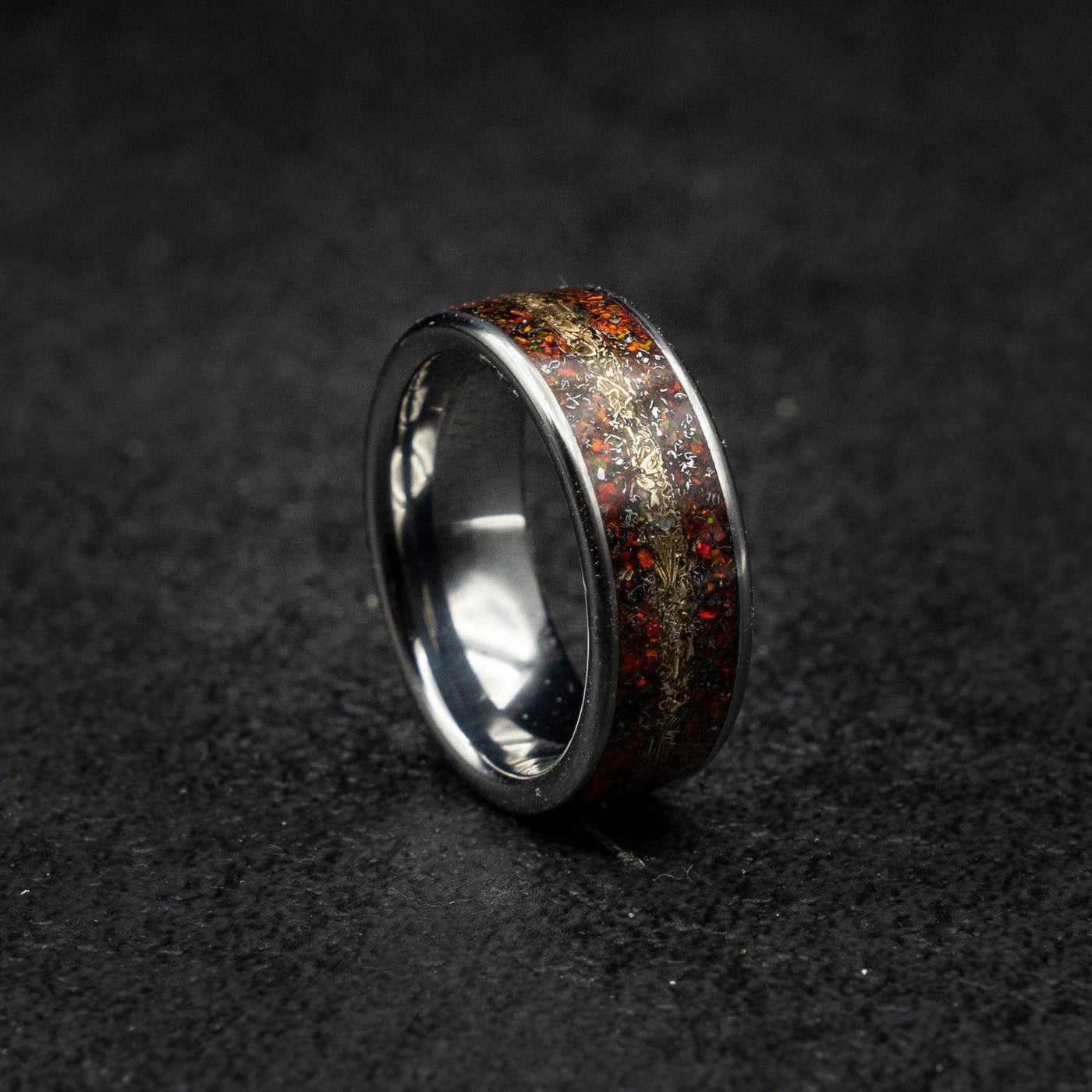 Tungsten ring filled with red opal and mokume gane | Decazi