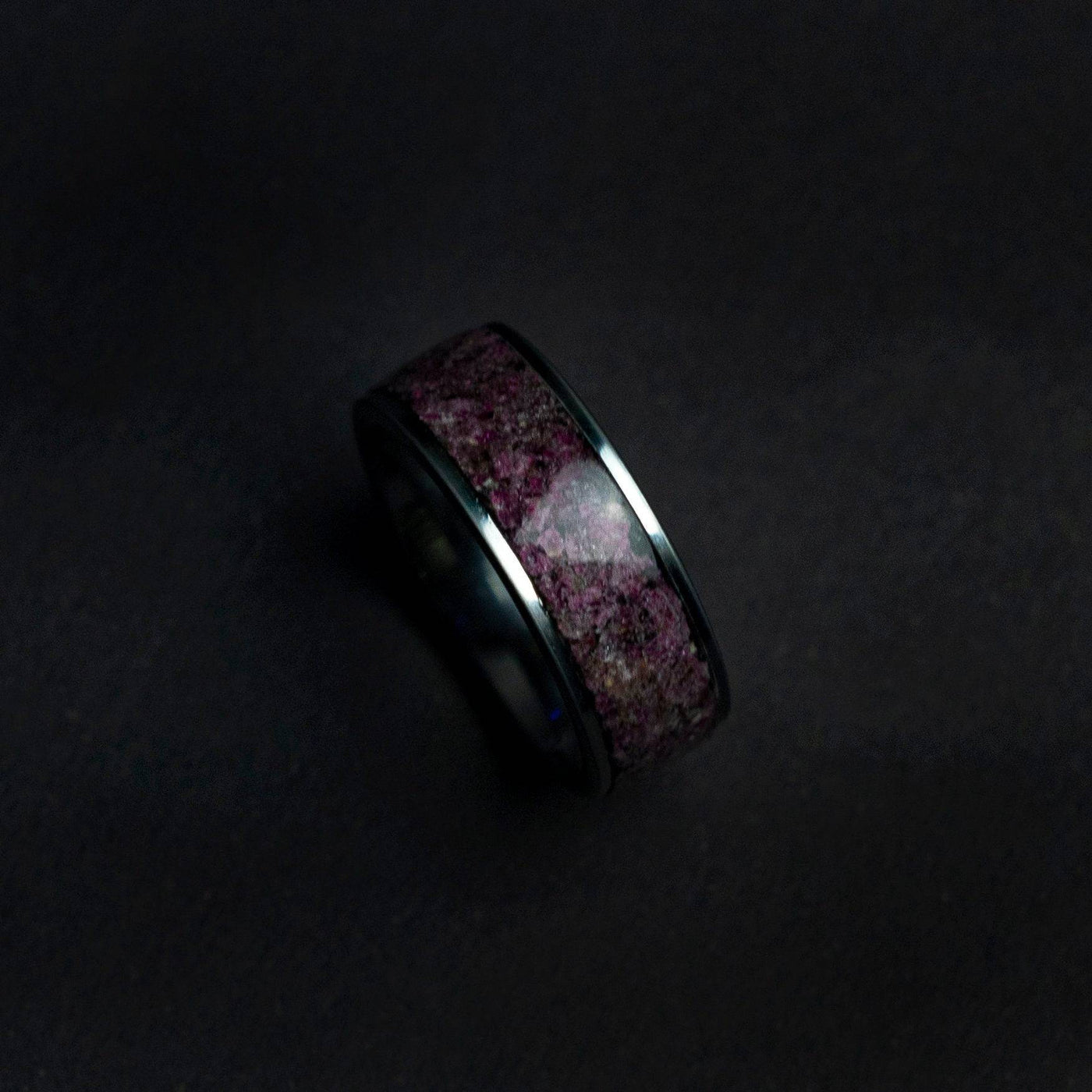 Tungsten ring filled with Ruby