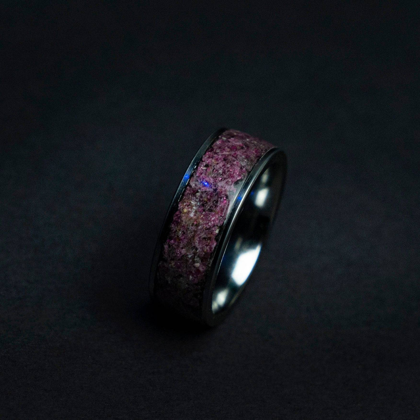 Tungsten ring filled with Ruby