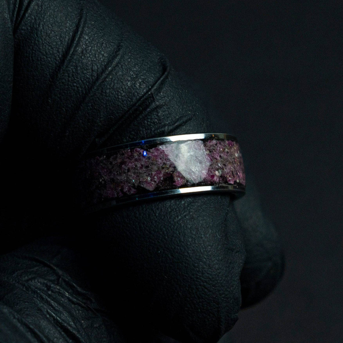 Tungsten ring filled with Ruby