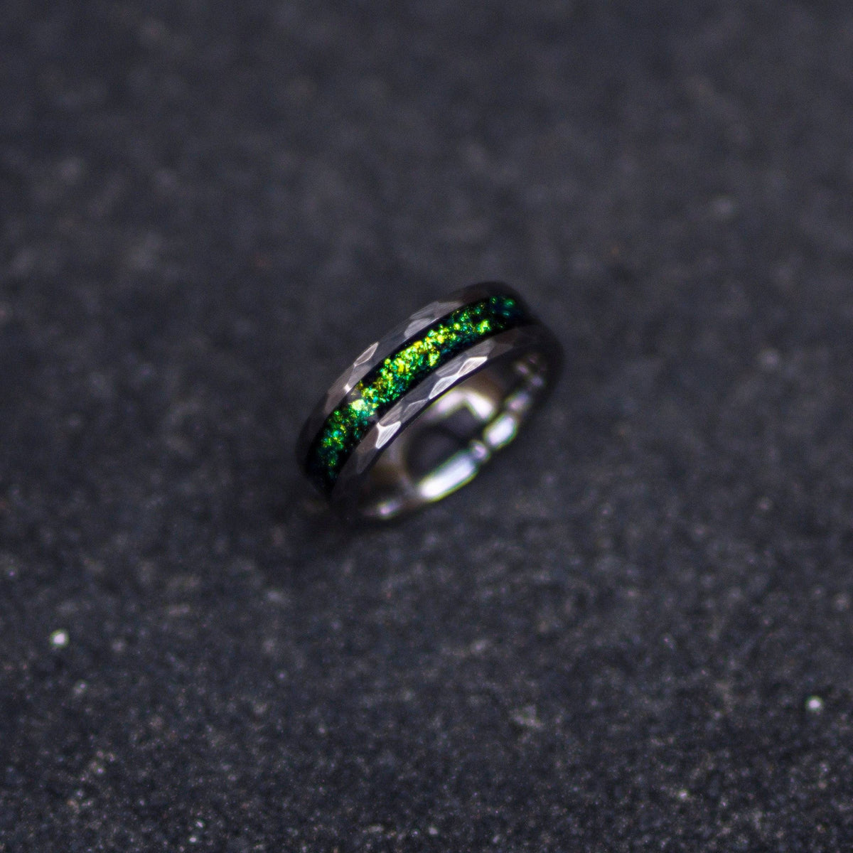 Tungsten ring with green chameleon flakes