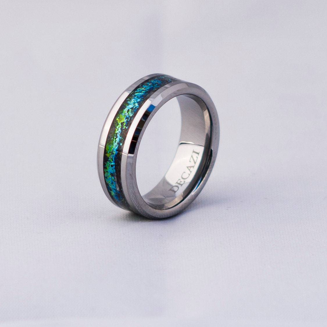 Tungsten ring with green chameleon flakes