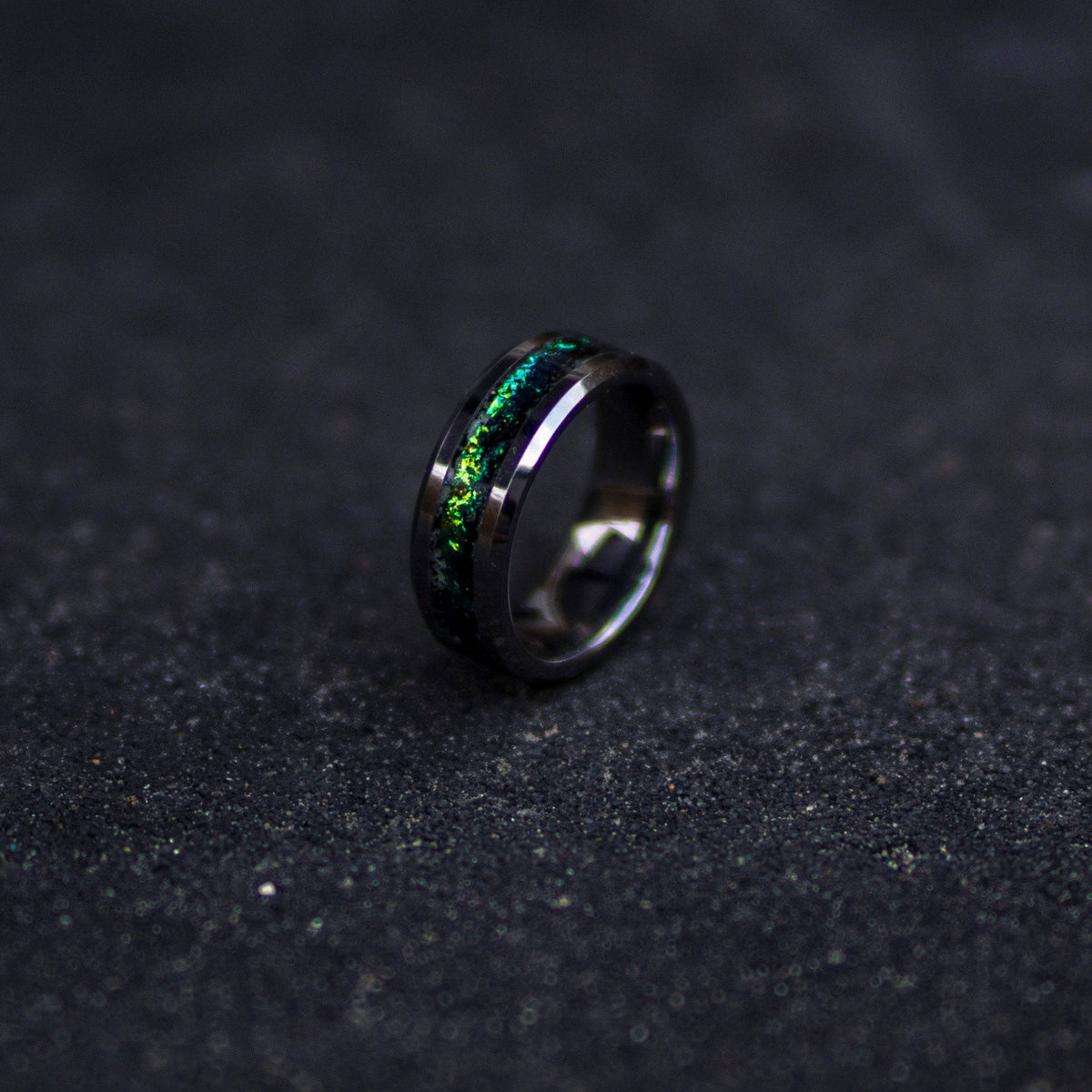 Tungsten ring with green chameleon flakes