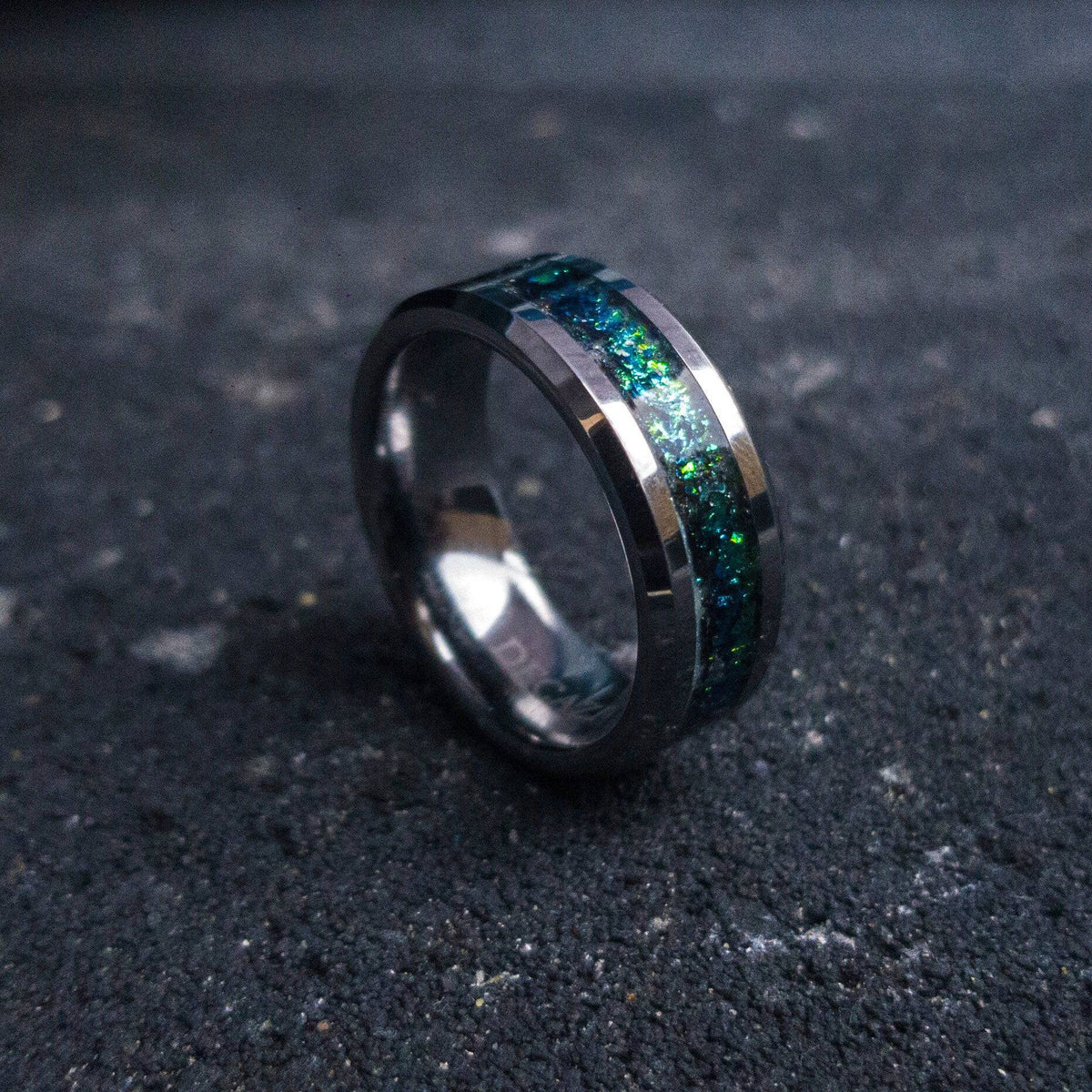 Tungsten ring with green chameleon flakes