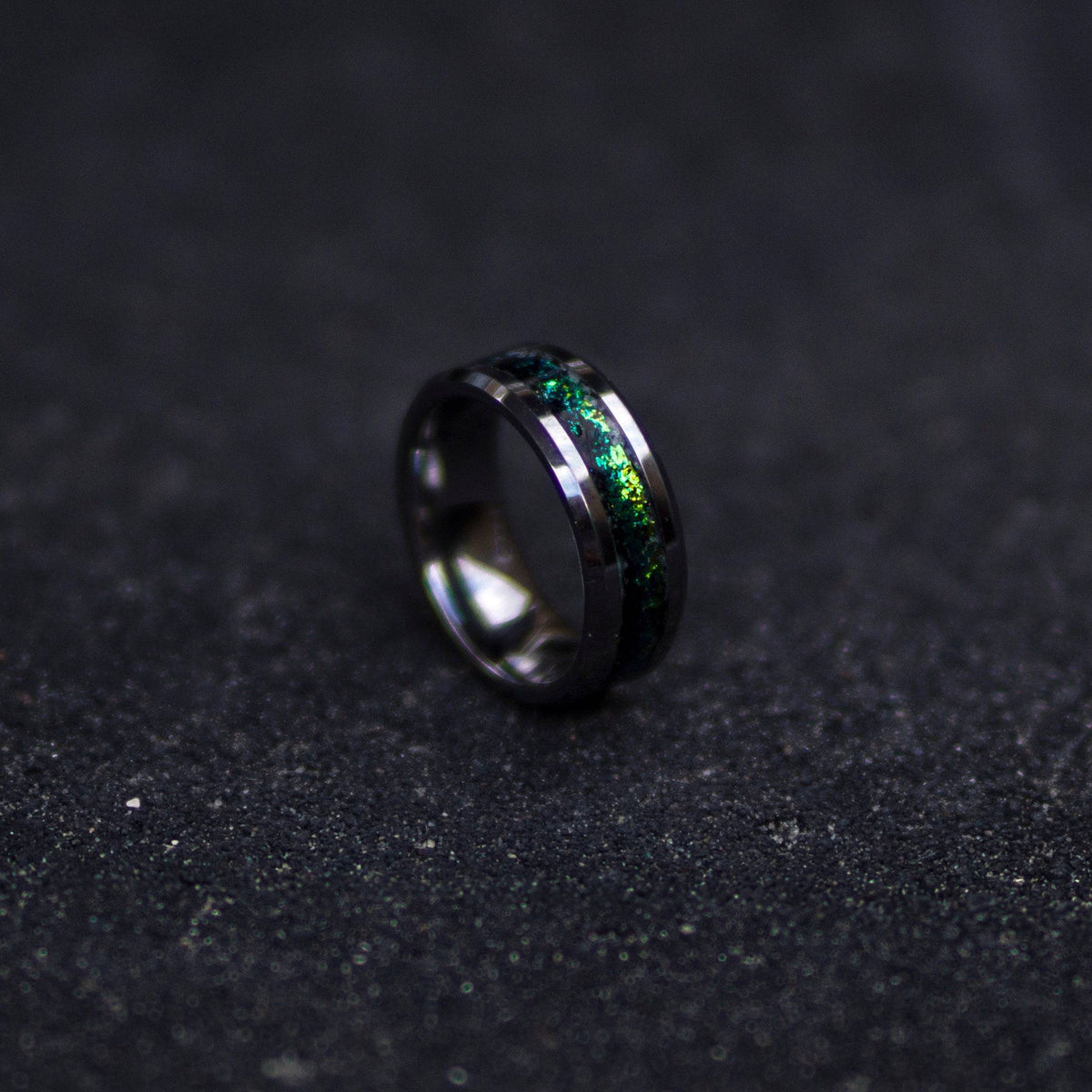 Tungsten ring with green chameleon flakes