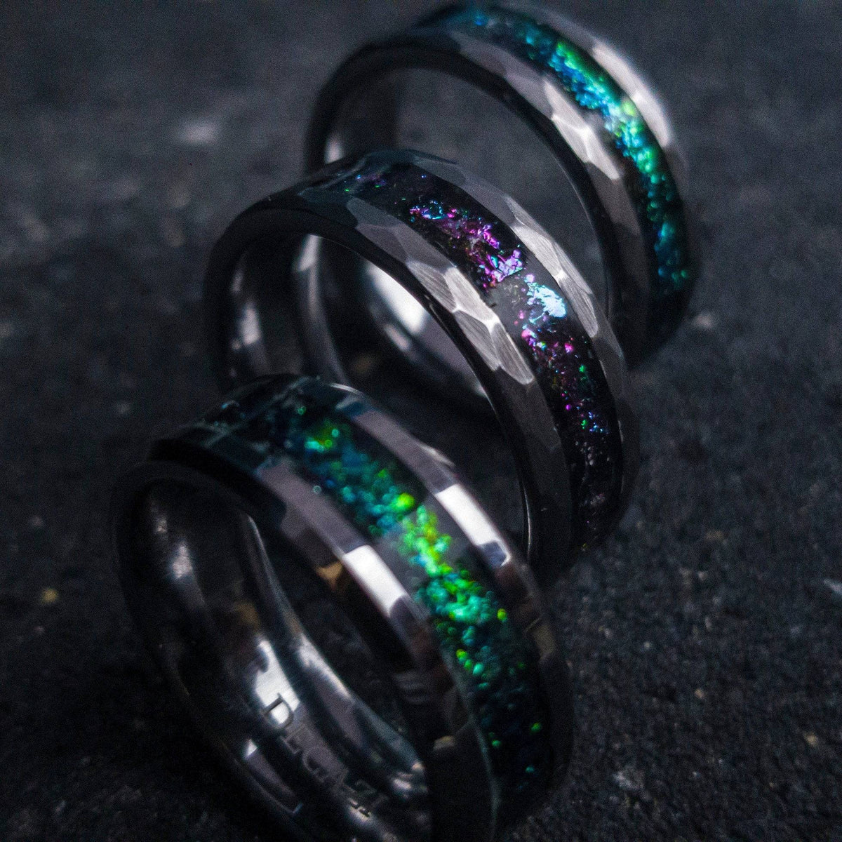 Tungsten ring with green chameleon flakes