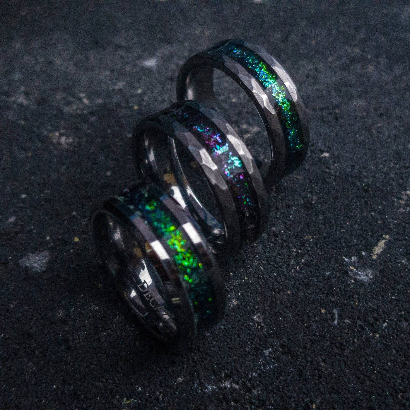 Tungsten ring with green chameleon flakes
