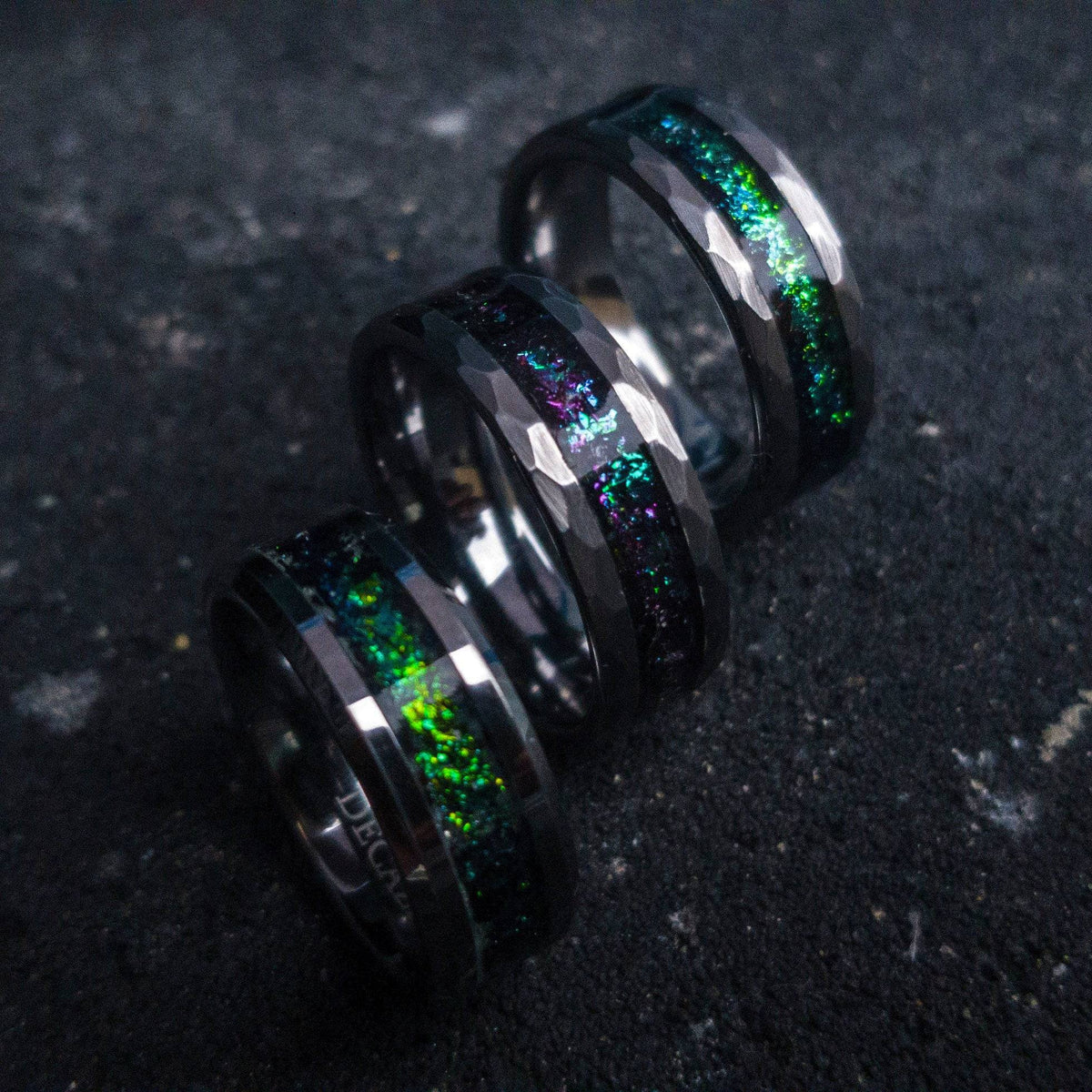 Tungsten ring with green chameleon flakes