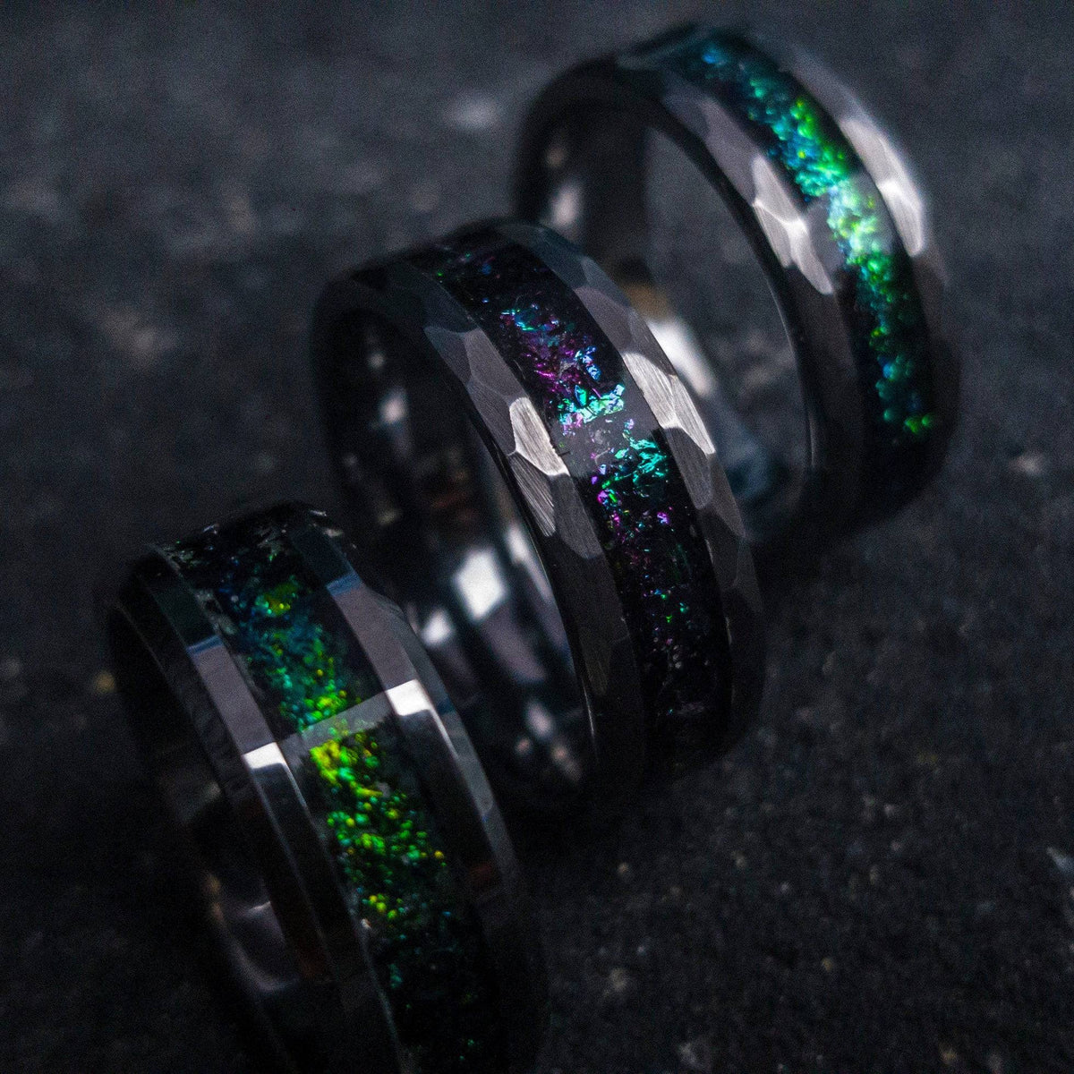 Tungsten ring with green chameleon flakes