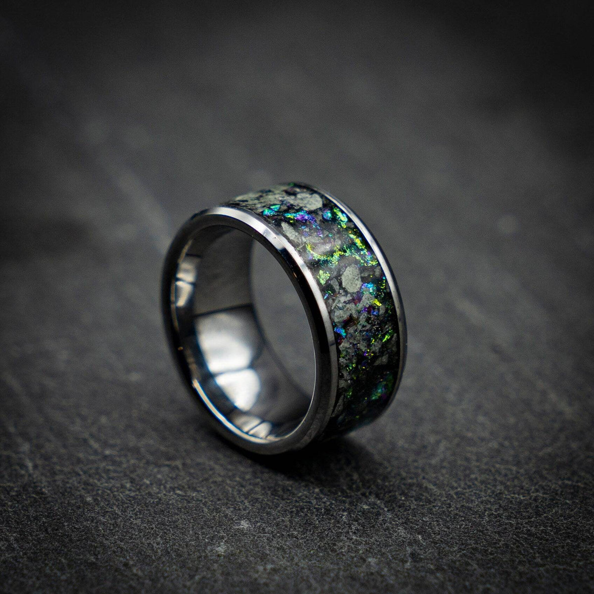 Tungsten ring with green chameleon flakes and green glow stones