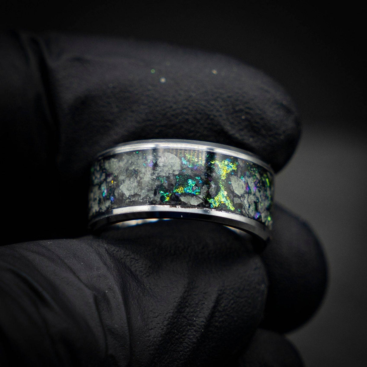 Tungsten ring with green chameleon flakes and green glow stones