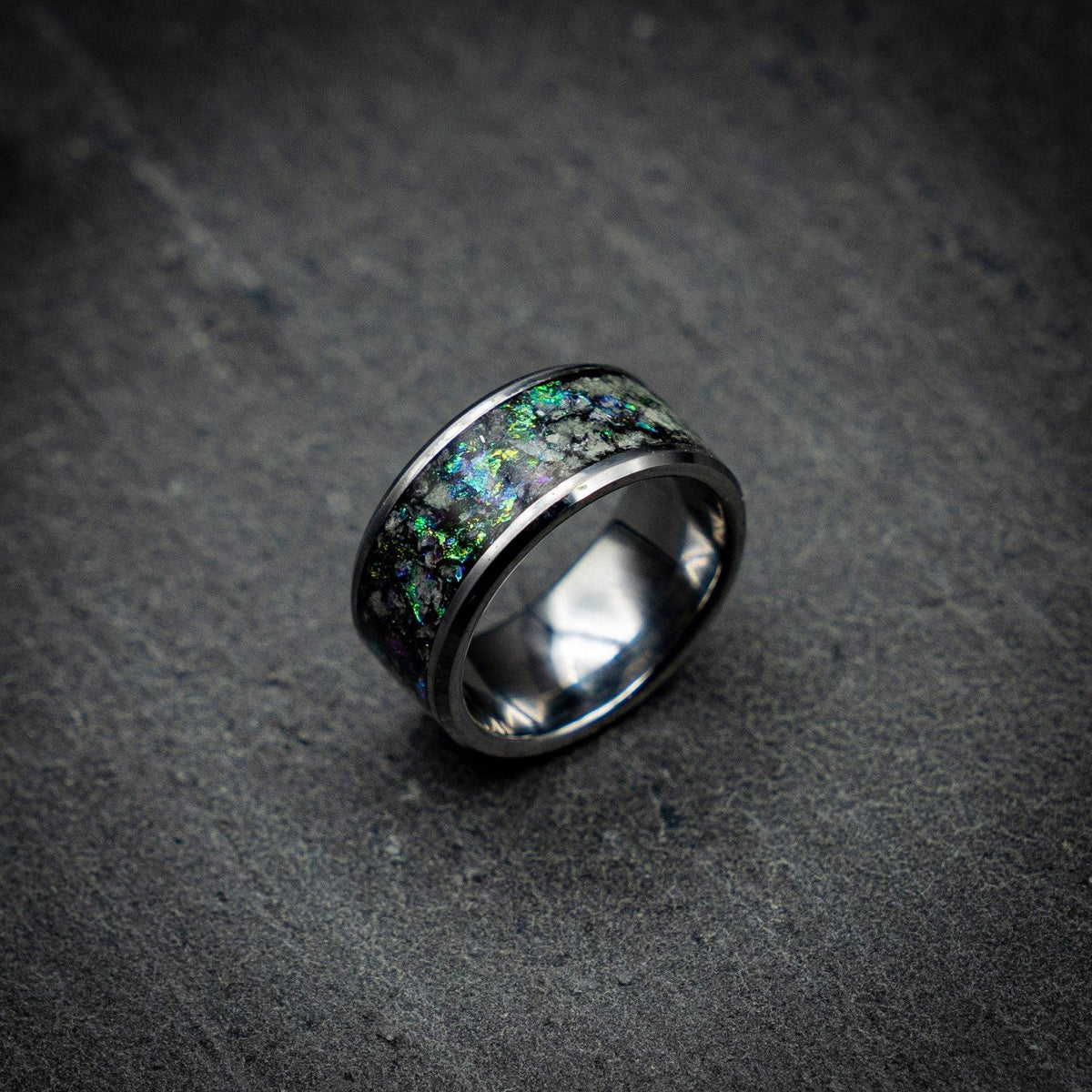 Tungsten ring with green chameleon flakes and green glow stones
