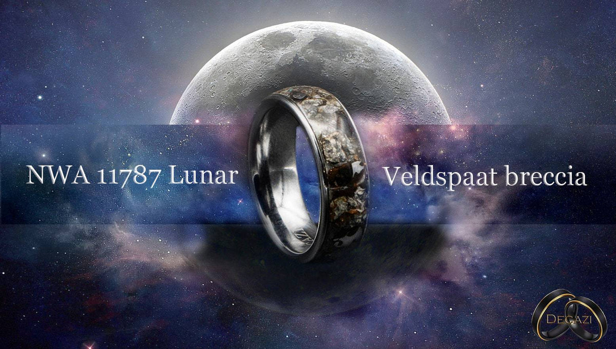Tungsten ring with lunar veldspaat breccia and pallasite