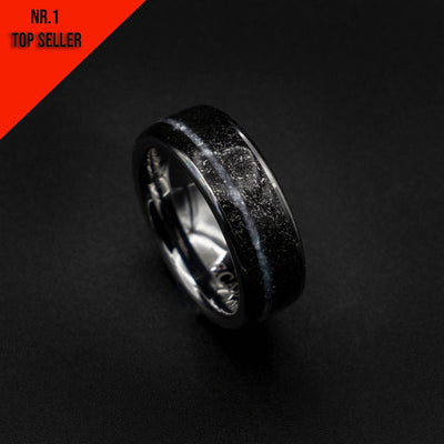 Tungsten ring with meteorite and offset crushed pearl line
