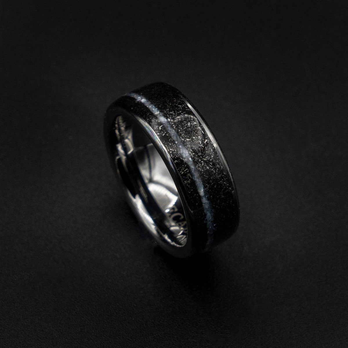 Tungsten ring with meteorite and offset crushed pearl line