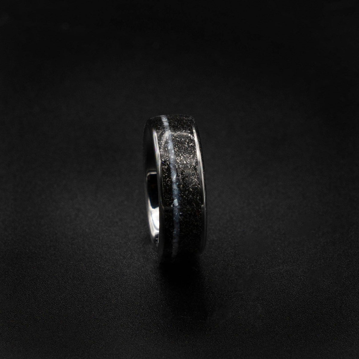 Tungsten ring with meteorite and offset crushed pearl line