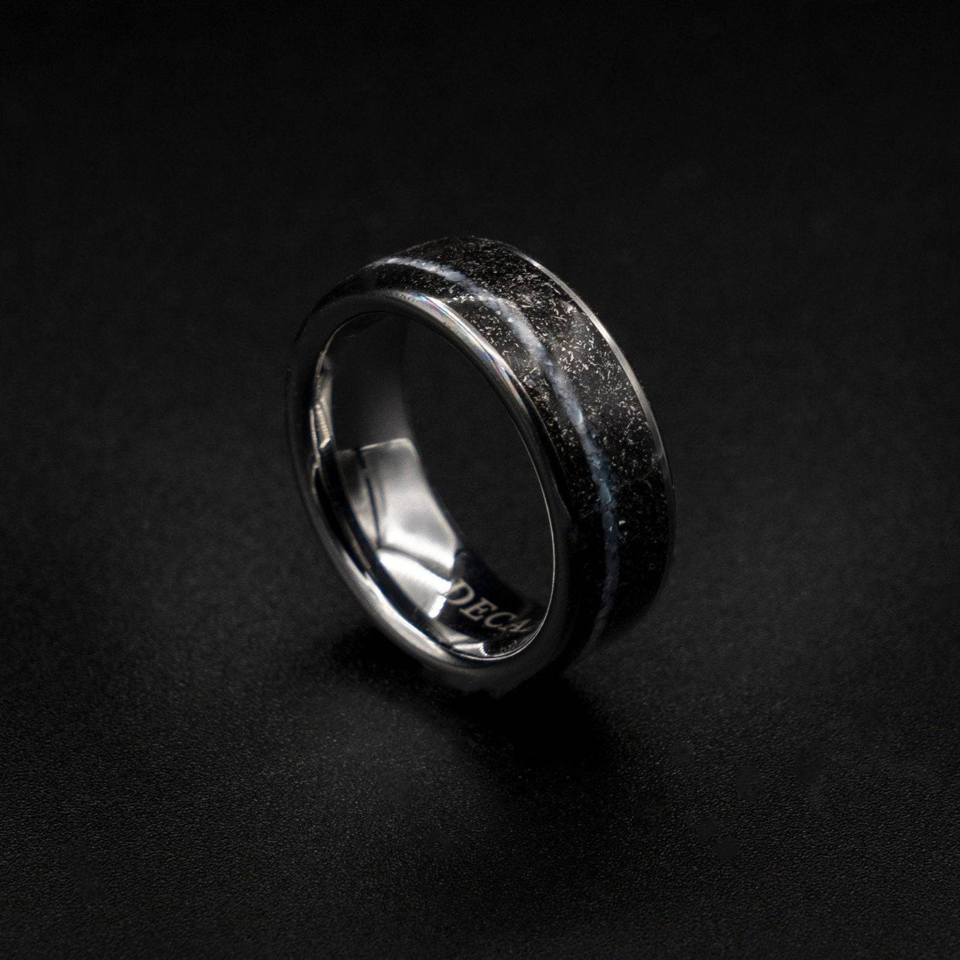 Tungsten ring with meteorite and offset crushed pearl line