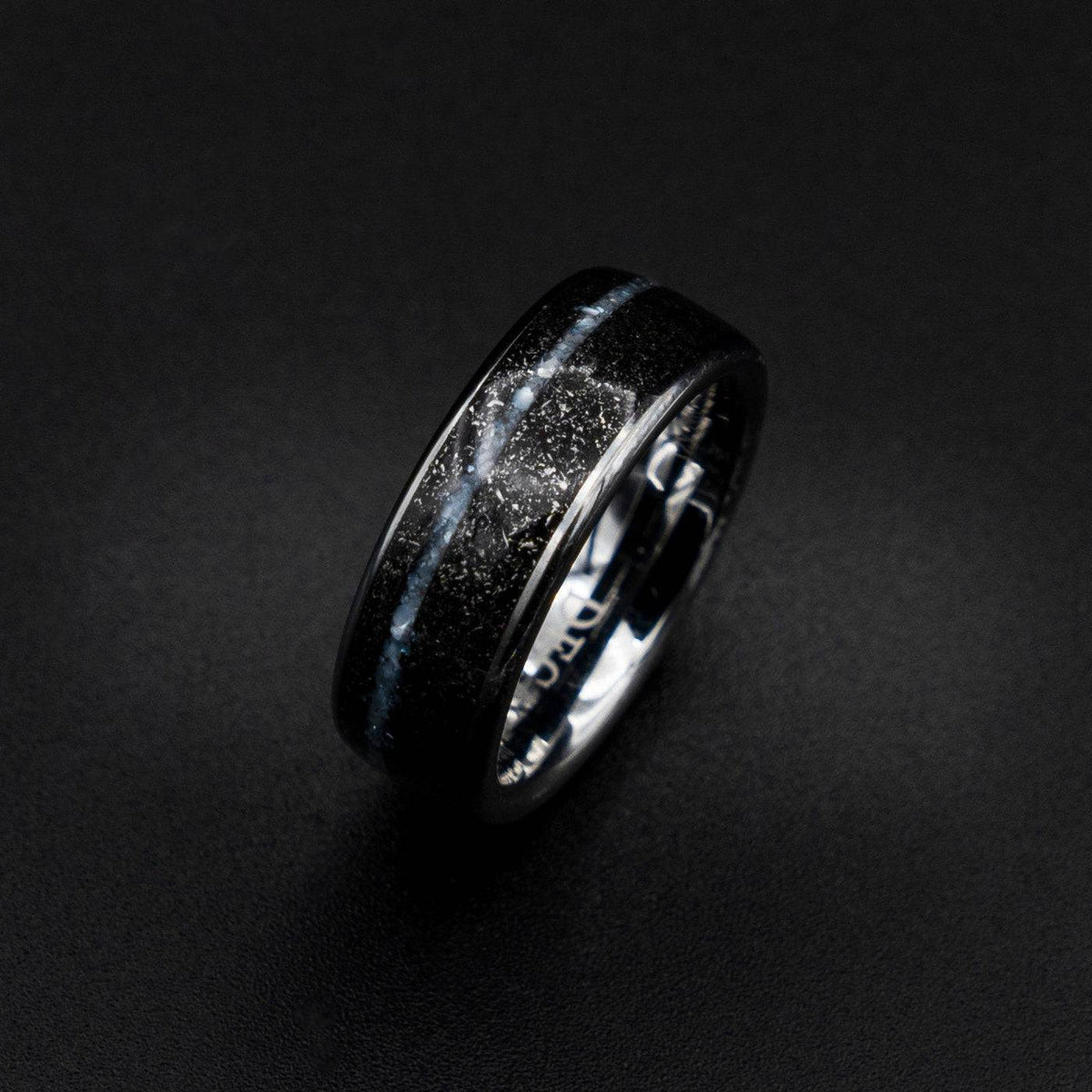 Tungsten ring with meteorite and offset crushed pearl line