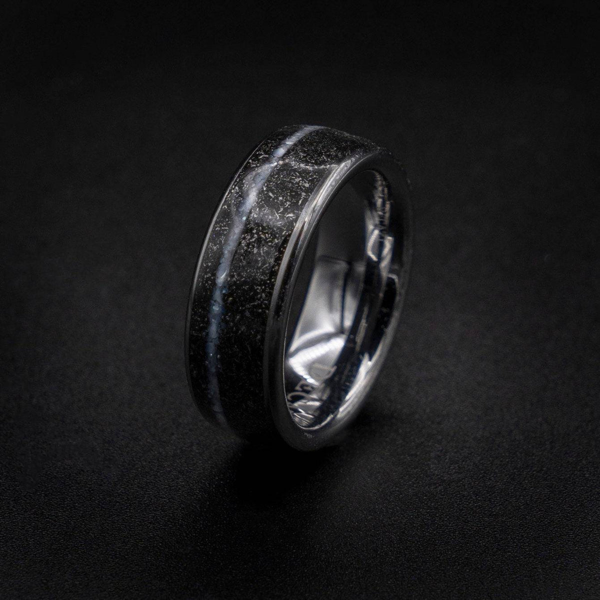 Tungsten ring with meteorite and offset crushed pearl line