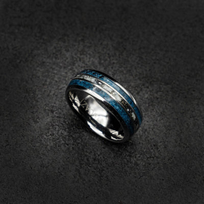 Tungsten ring with meteorite, black opal and glow powder