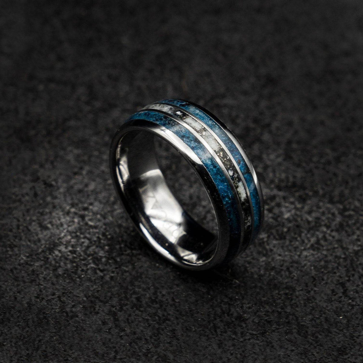 Tungsten ring with meteorite, black opal and glow powder