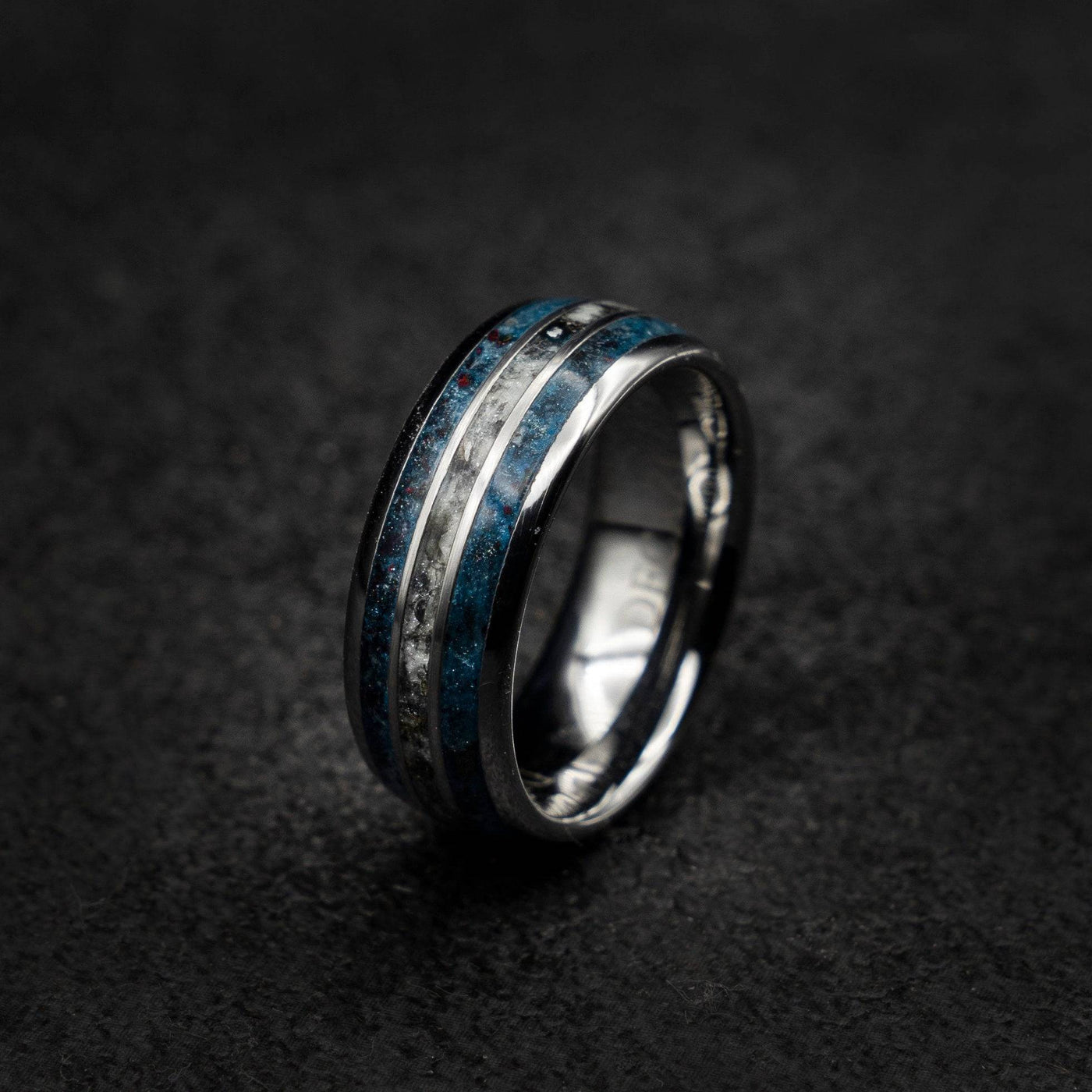 Tungsten ring with meteorite, black opal and glow powder