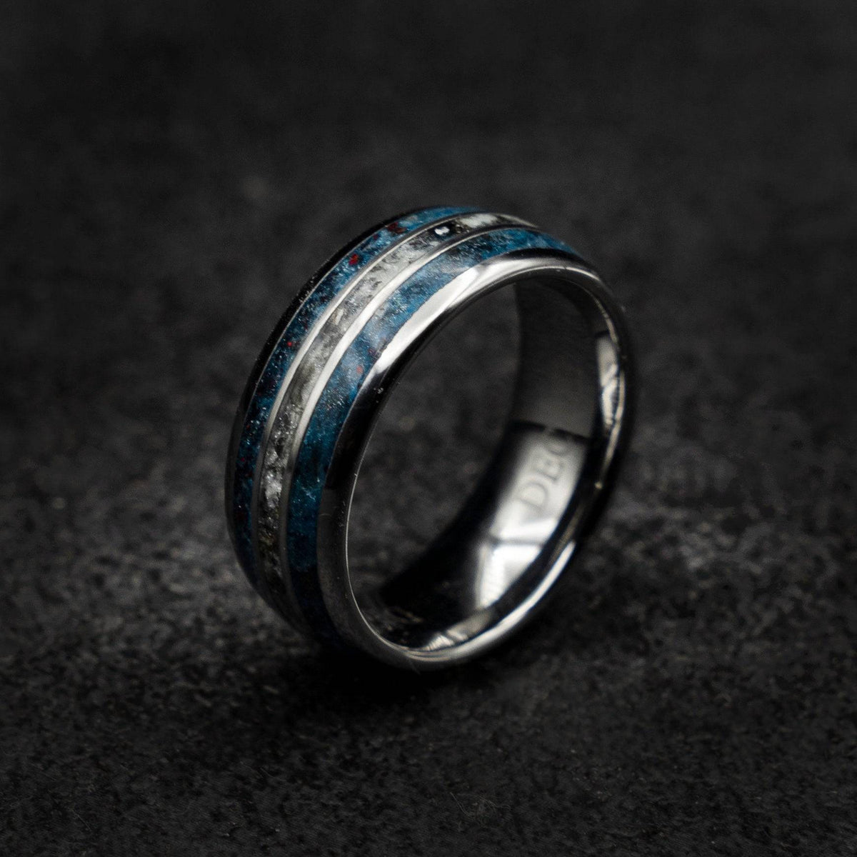 Tungsten ring with meteorite, black opal and glow powder