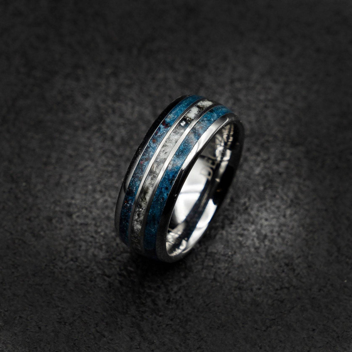 Tungsten ring with meteorite, black opal and glow powder