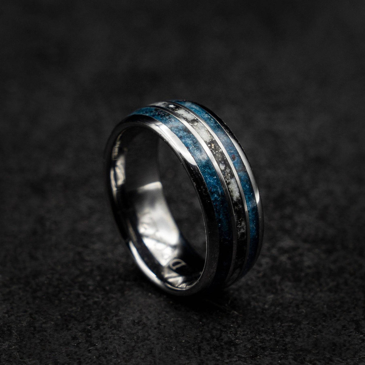 Tungsten ring with meteorite, black opal and glow powder