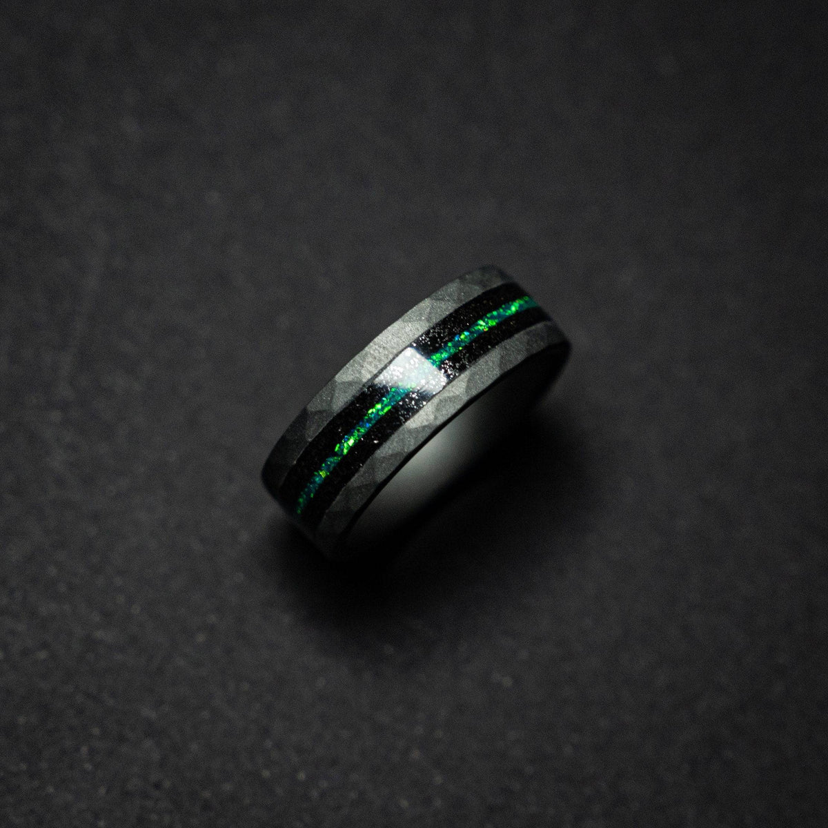 Tungsten sandblasted ring with meteorite and opal
