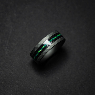 Tungsten sandblasted ring with meteorite and opal