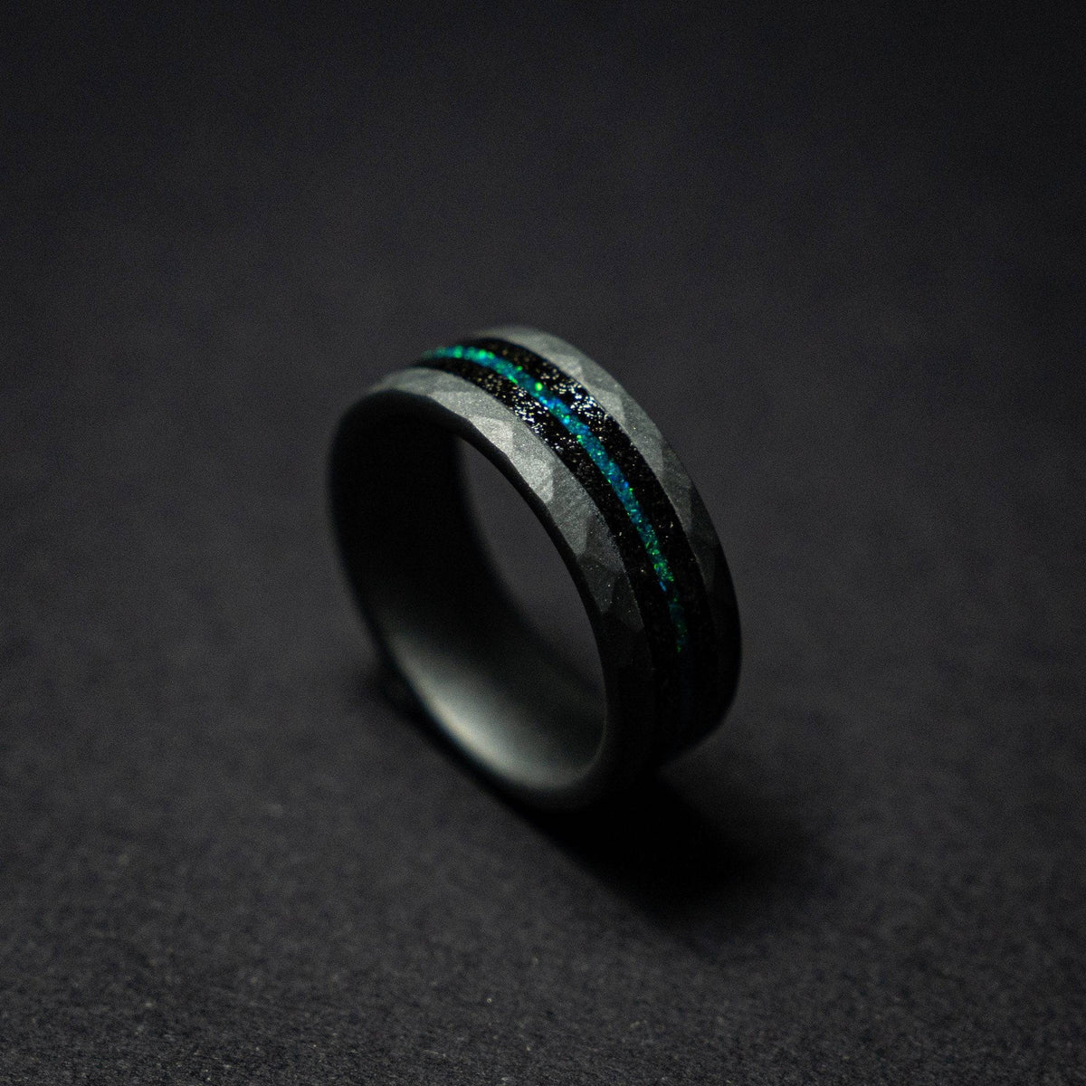 Tungsten sandblasted ring with meteorite and opal