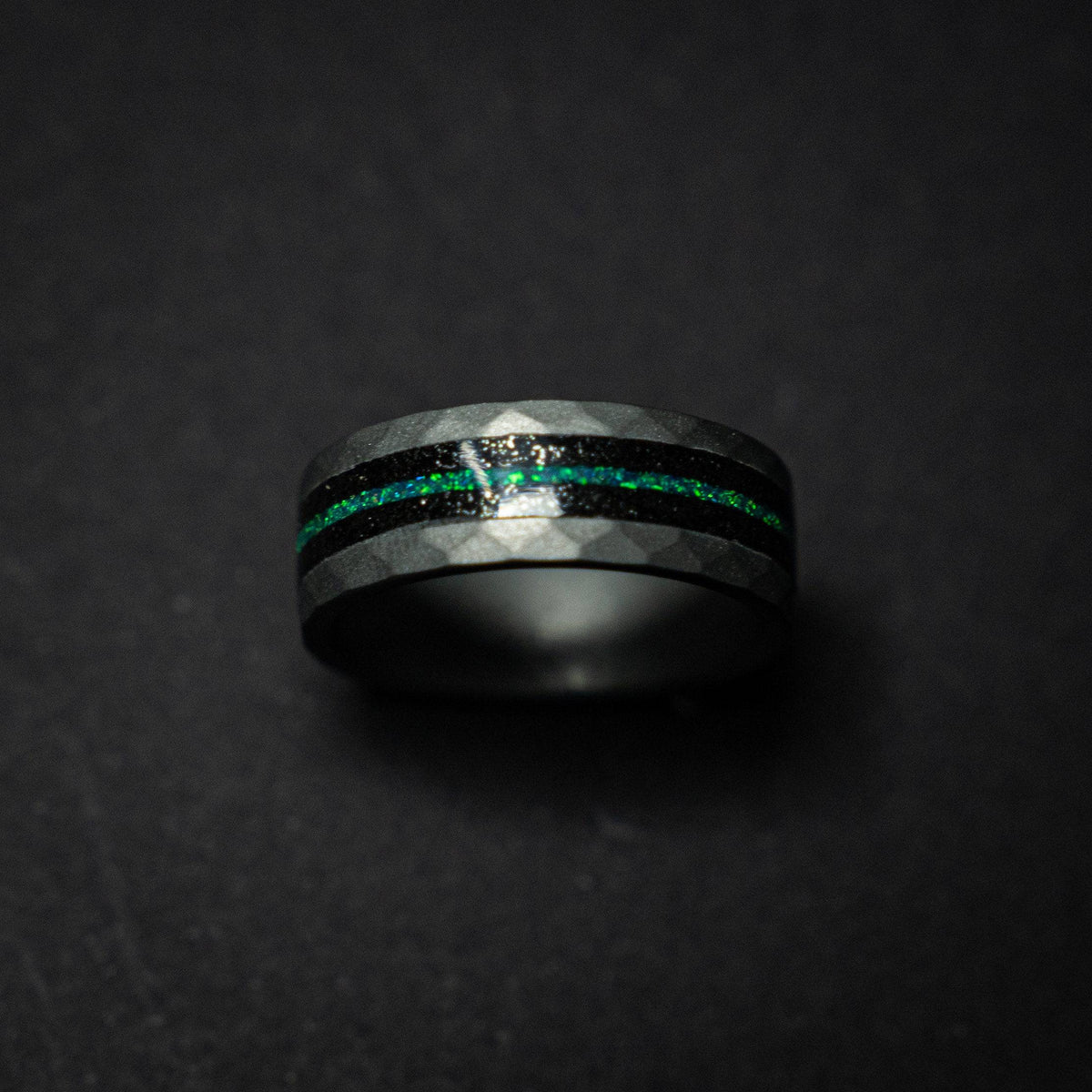 Tungsten sandblasted ring with meteorite and opal