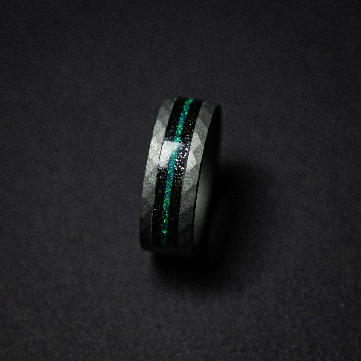 Tungsten sandblasted ring with meteorite and opal