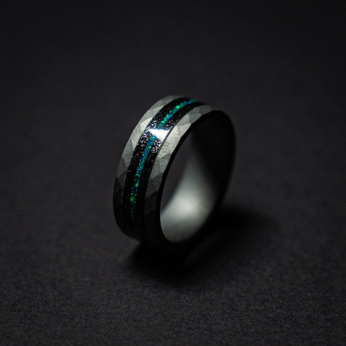 Tungsten sandblasted ring with meteorite and opal