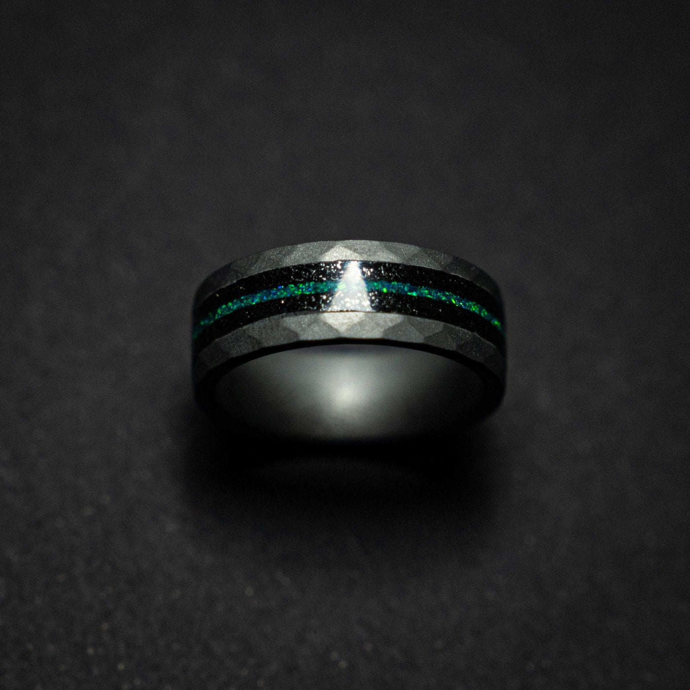 Tungsten sandblasted ring with meteorite and opal