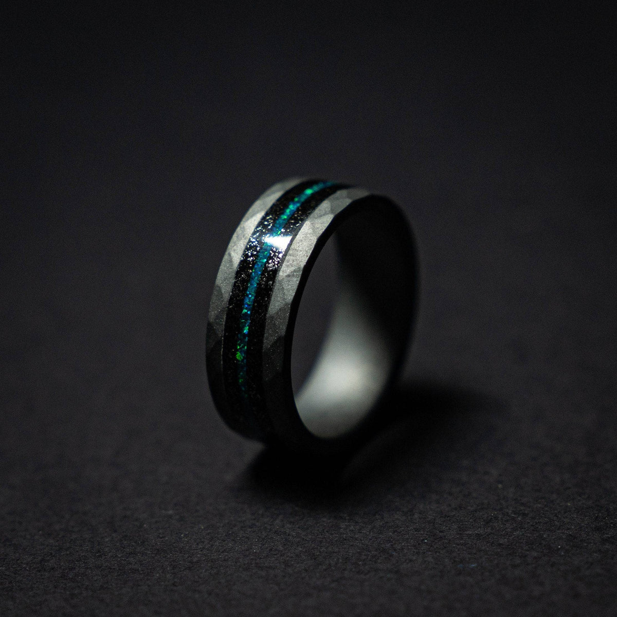Tungsten sandblasted ring with meteorite and opal