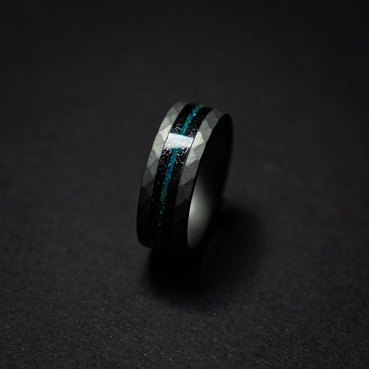 Tungsten sandblasted ring with meteorite and opal