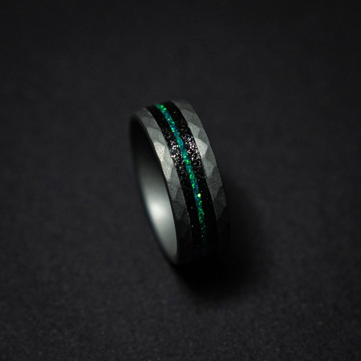 Tungsten sandblasted ring with meteorite and opal