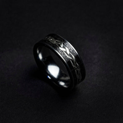 Tungsten viking ring with meteorite and silver wire