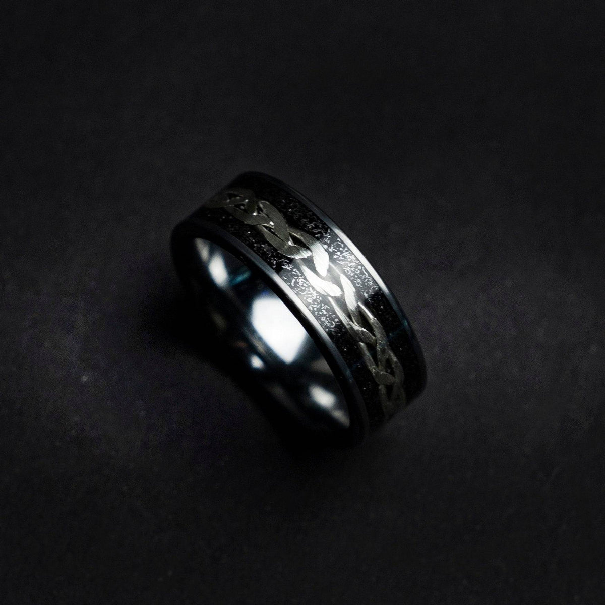 Tungsten viking ring with meteorite and silver wire